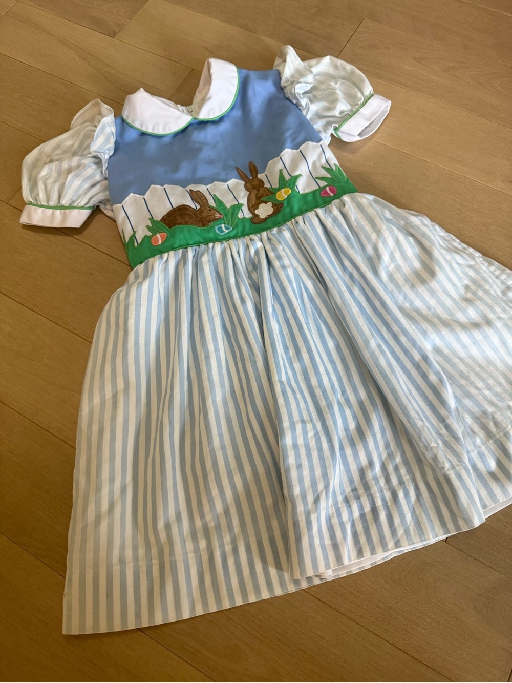 Blue & White Striped Bunny Appliqué Kids Dress with Green Trim